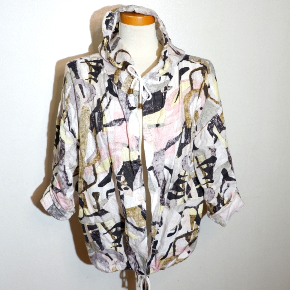 M) Charlie B. 100% Linen Open Front Light Weight Abstract Camo Print Jacket